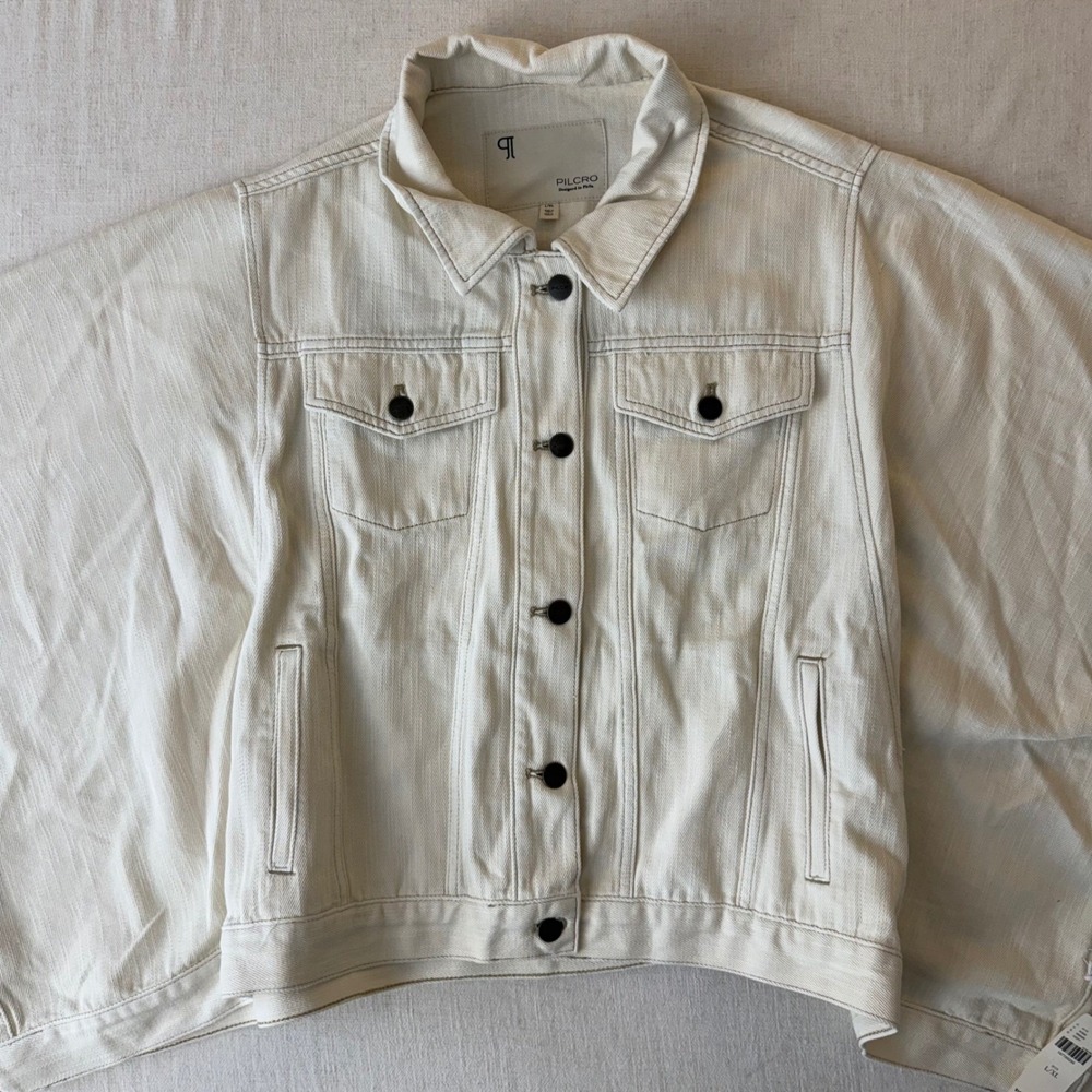 NWT Pilcro Anthropologie Weston Cape Denim Jacket Women L/XL Ivory Oversized - Picture 12 of 16